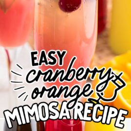 a glass of Cranberry Orange Mimosa garnished with a slice of orange and cranberries