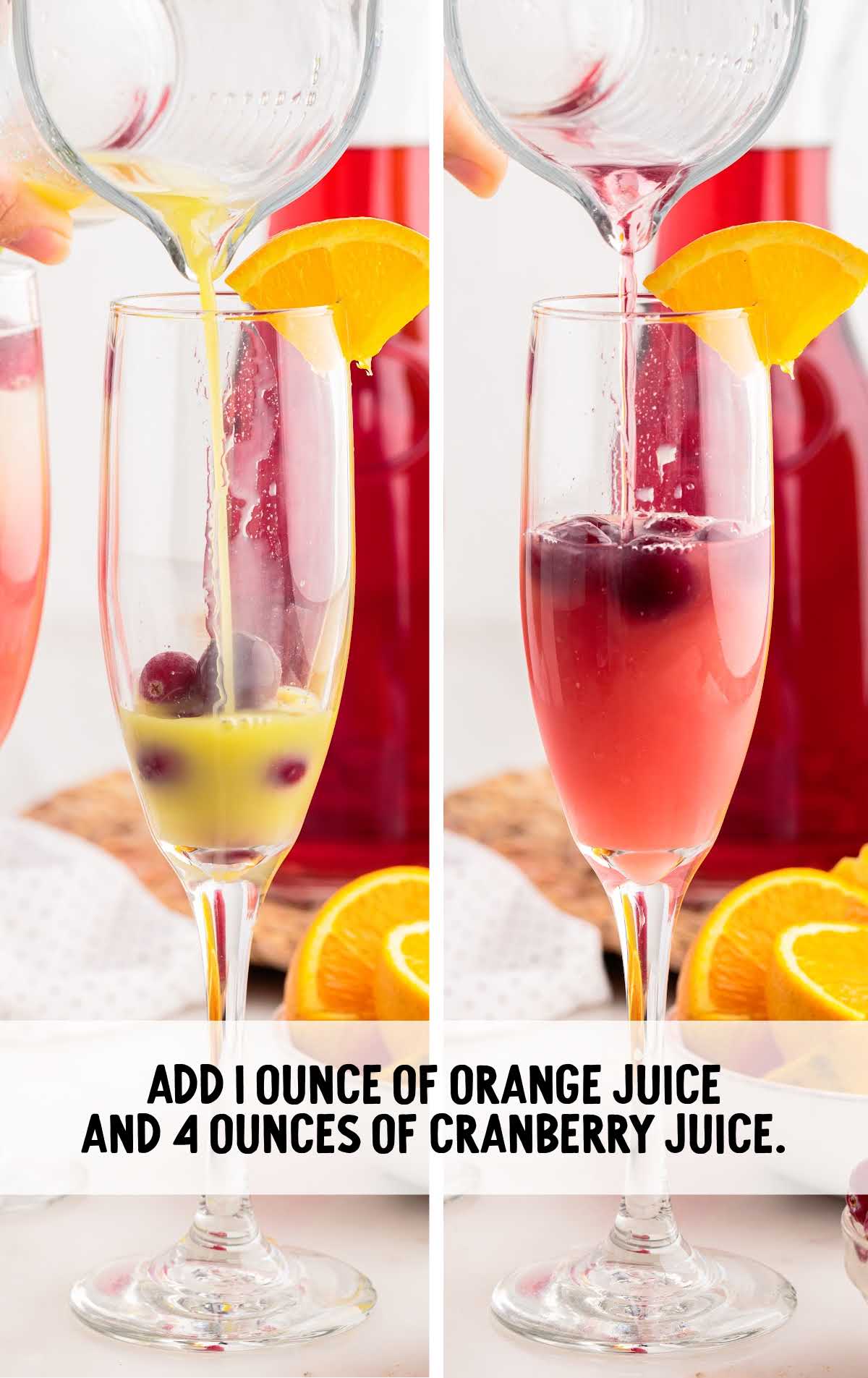 orang juice and cranberry juice added to the glass
