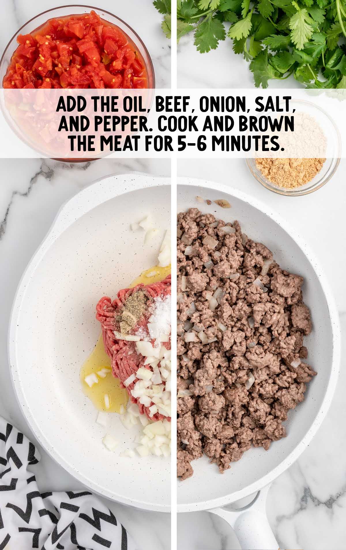 olive oil, ground beef, diced yellow onion, salt, and black pepper cooked in a skillet