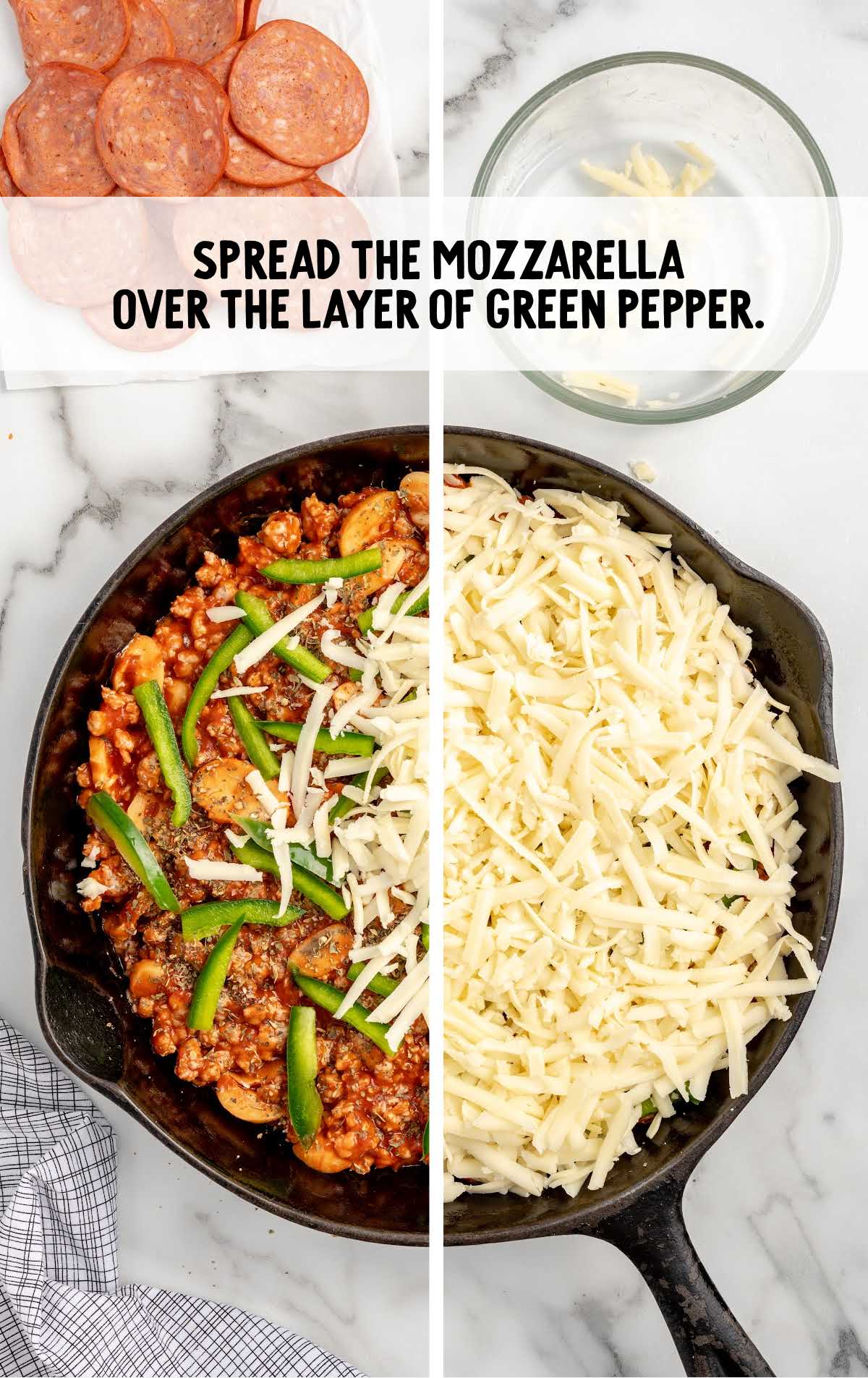 mozzarella spread over the layer of green pepper in a skillet