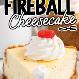 a close up shot of slice of Fireball Cheesecake on a plate