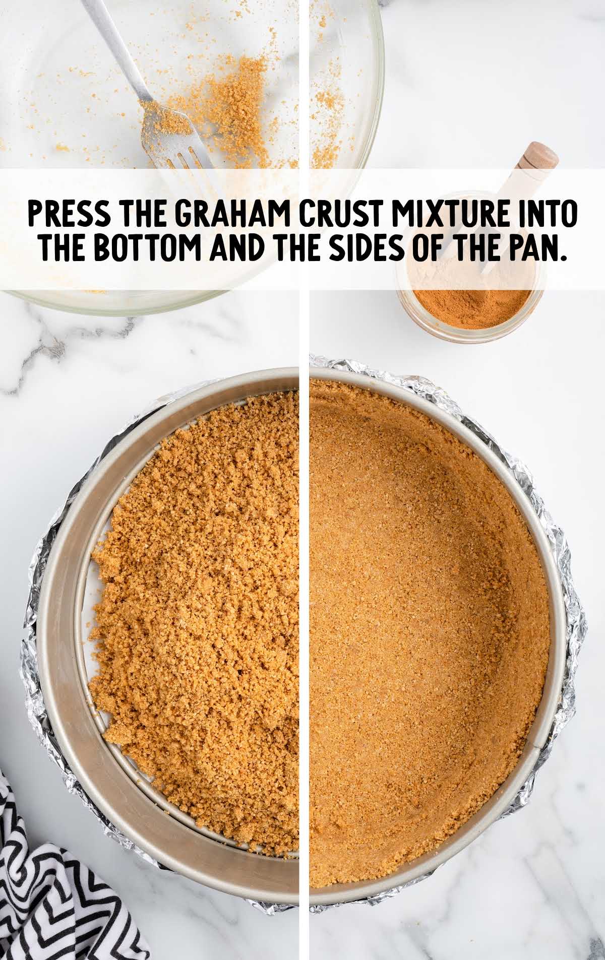 graham crust mixture pressed onto the bottom and sides of the oan