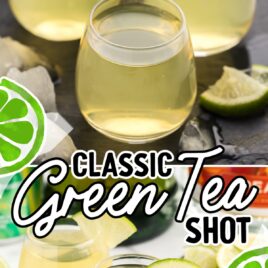 a close up shot of Green Tea Shots in a glass cup garnished with a slice of lime