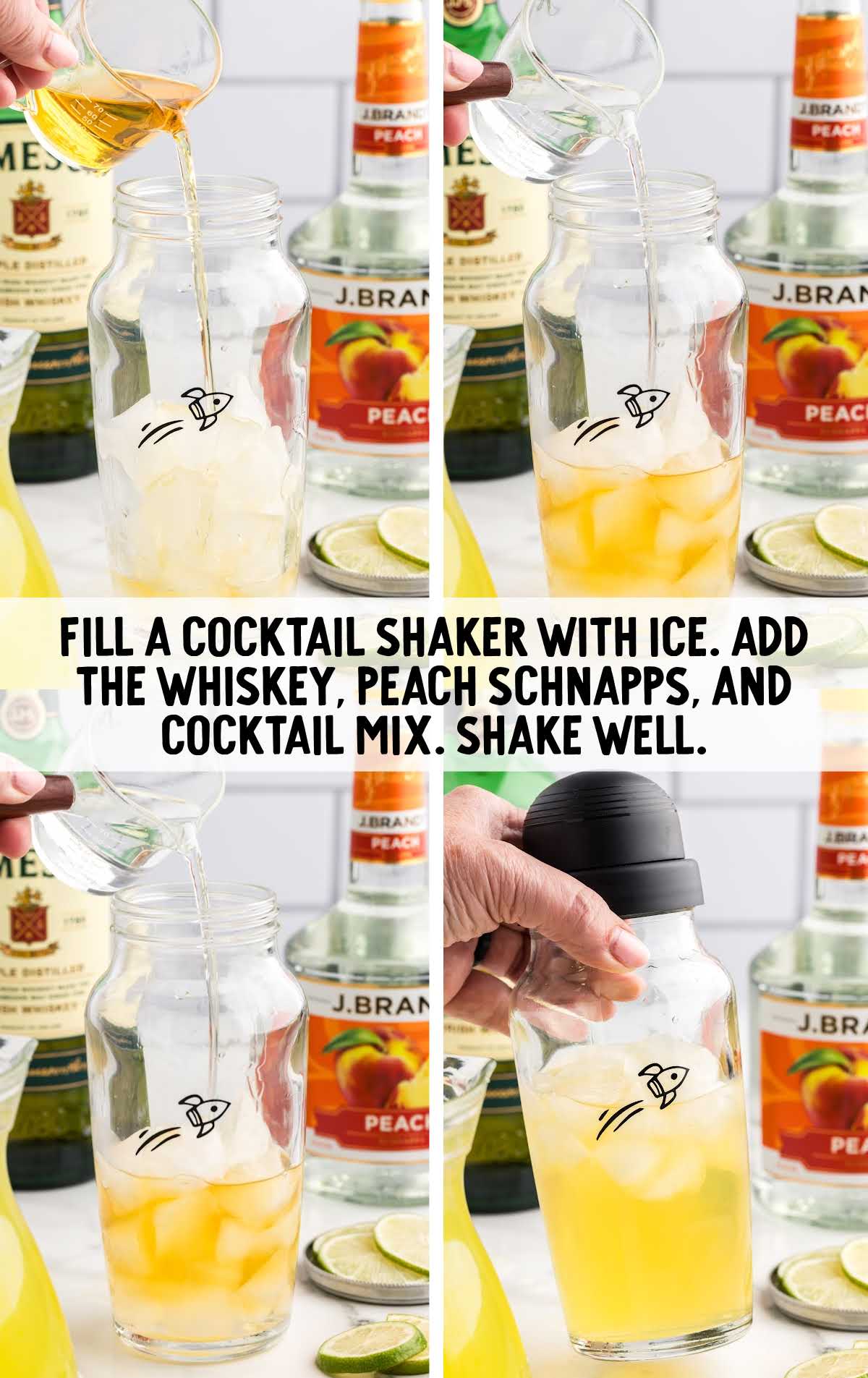 whiskey, peach, schnapps, and cocktail mix added to a cocktail shaker