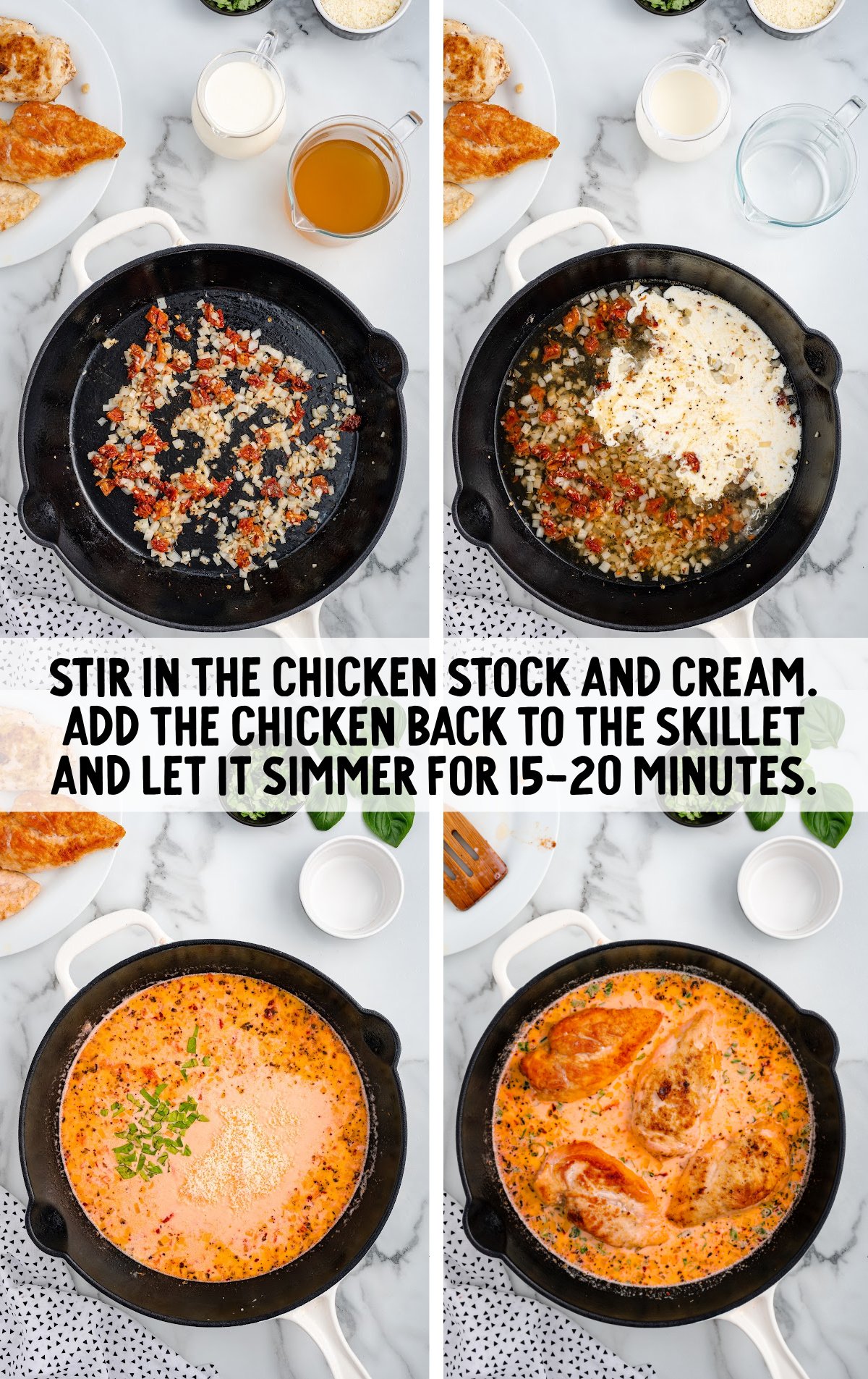 Four photos show the progression of making the sauce for the marry me chicken.