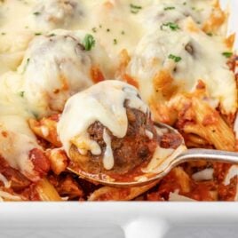 a close up shot of Meatball Casserole in a spoon
