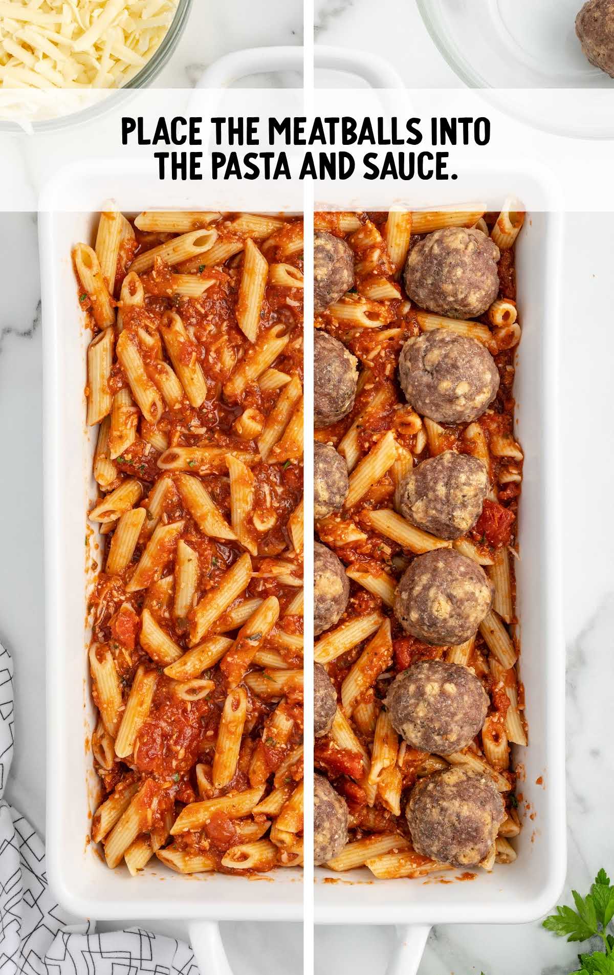 meatballs place in the pasta and sauce