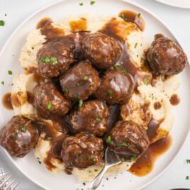 overhead shot of Meatballs And Gravy on a plate