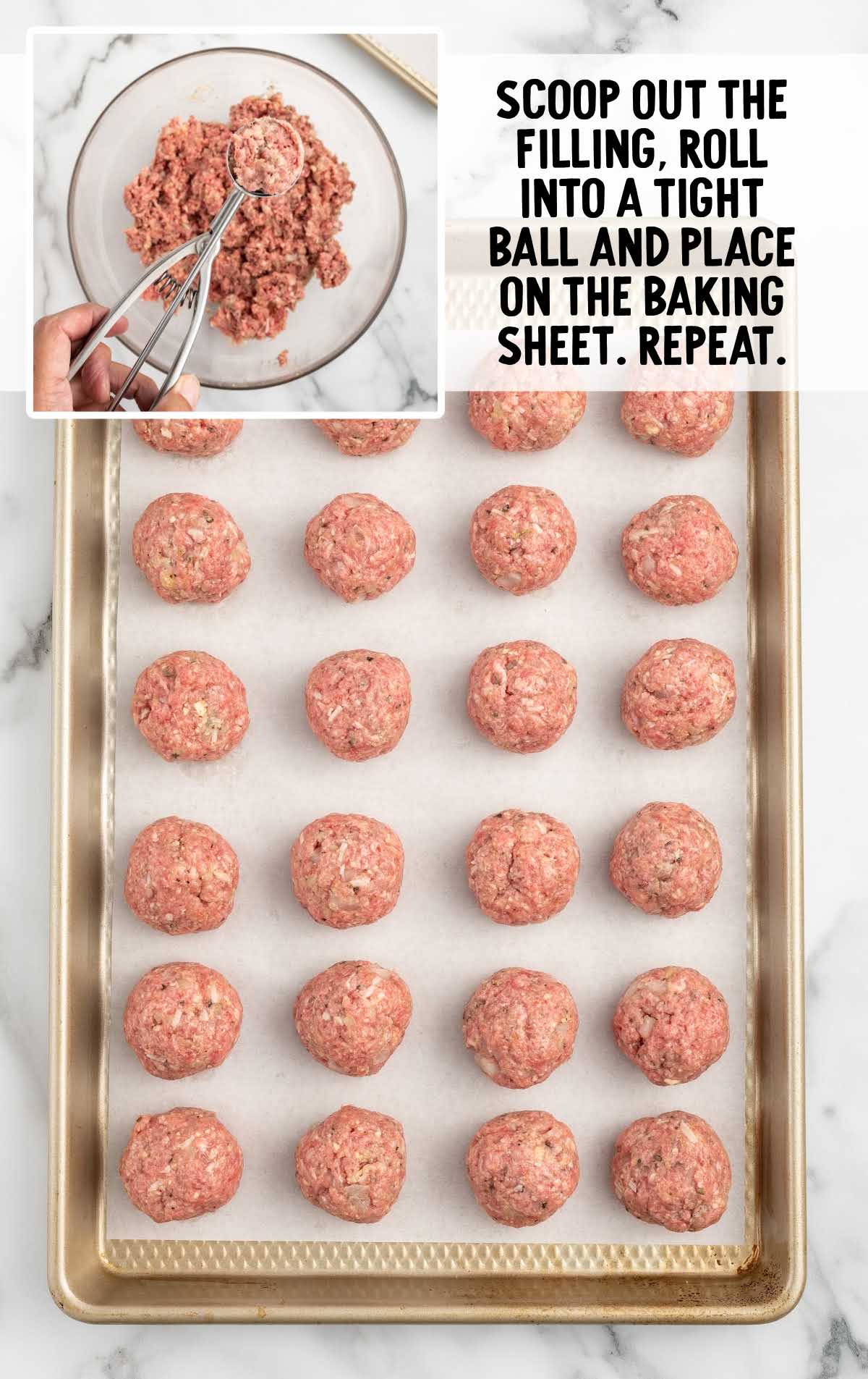 meatball mixture scooped out and placed on a baking sheet