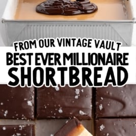 Easy millionaire shortbread recipe with chocolate poured over caramel layer and sprinkled with flaky sea salt