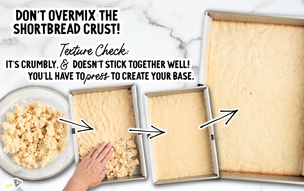 Step-by-step process for making the shortbread crust layer for millionaire shortbread, showing how to press the crumbly dough into the pan without overmixing to create an even buttery base.