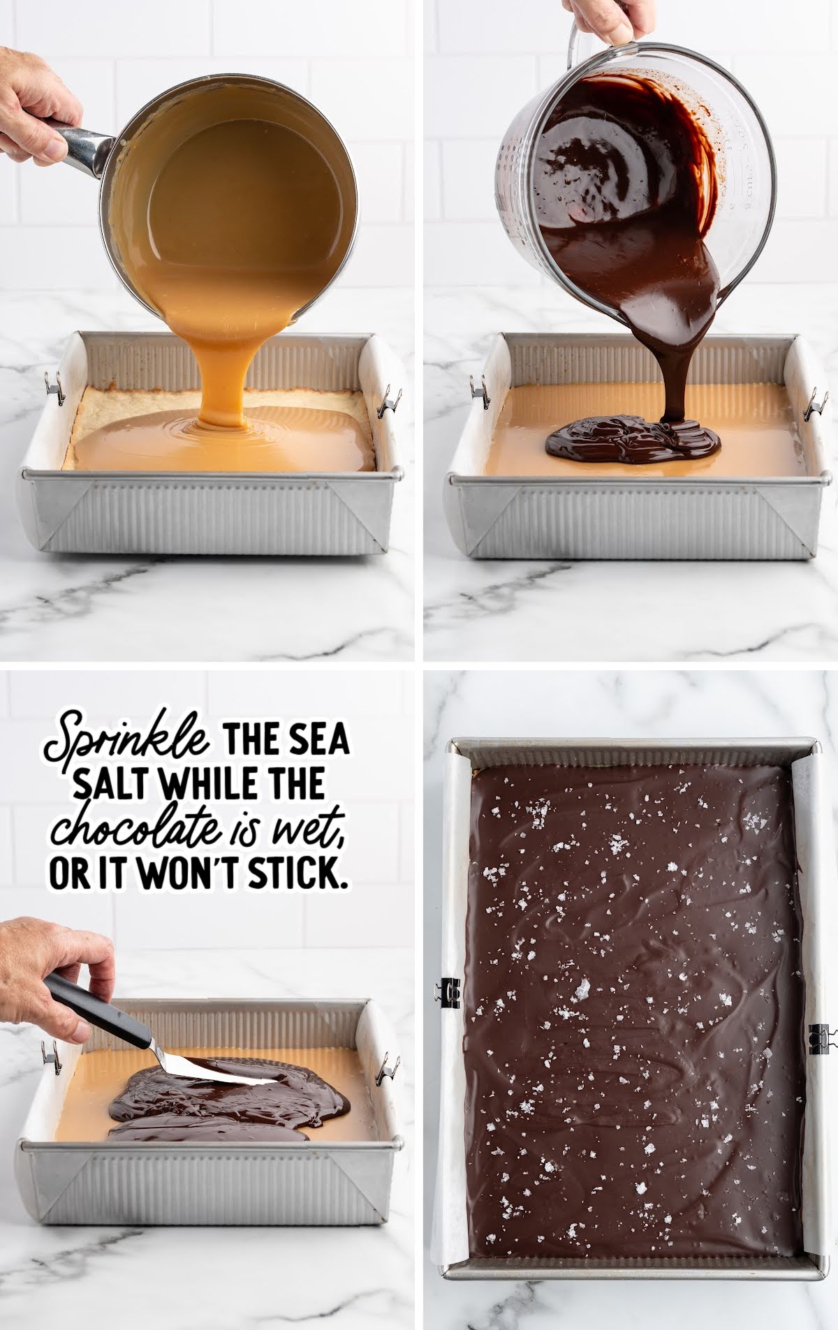 Step-by-step process of pouring caramel and chocolate layers for millionaire shortbread in a metal baking pan