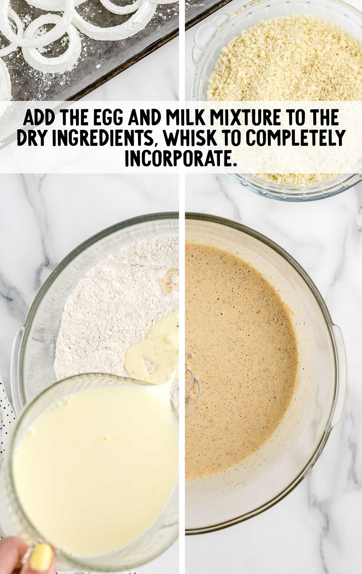 egg and milk mixture combined into the dry ingredients in a bowl