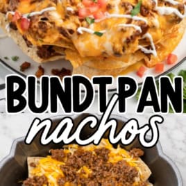 A bundt pan filled with nachos, topped with ground beef, cheese, tomatoes, and a drizzled sauce. A bowl of salsa sits in the center. Text: Bundt Pan Nachos—the perfect party appetizer.