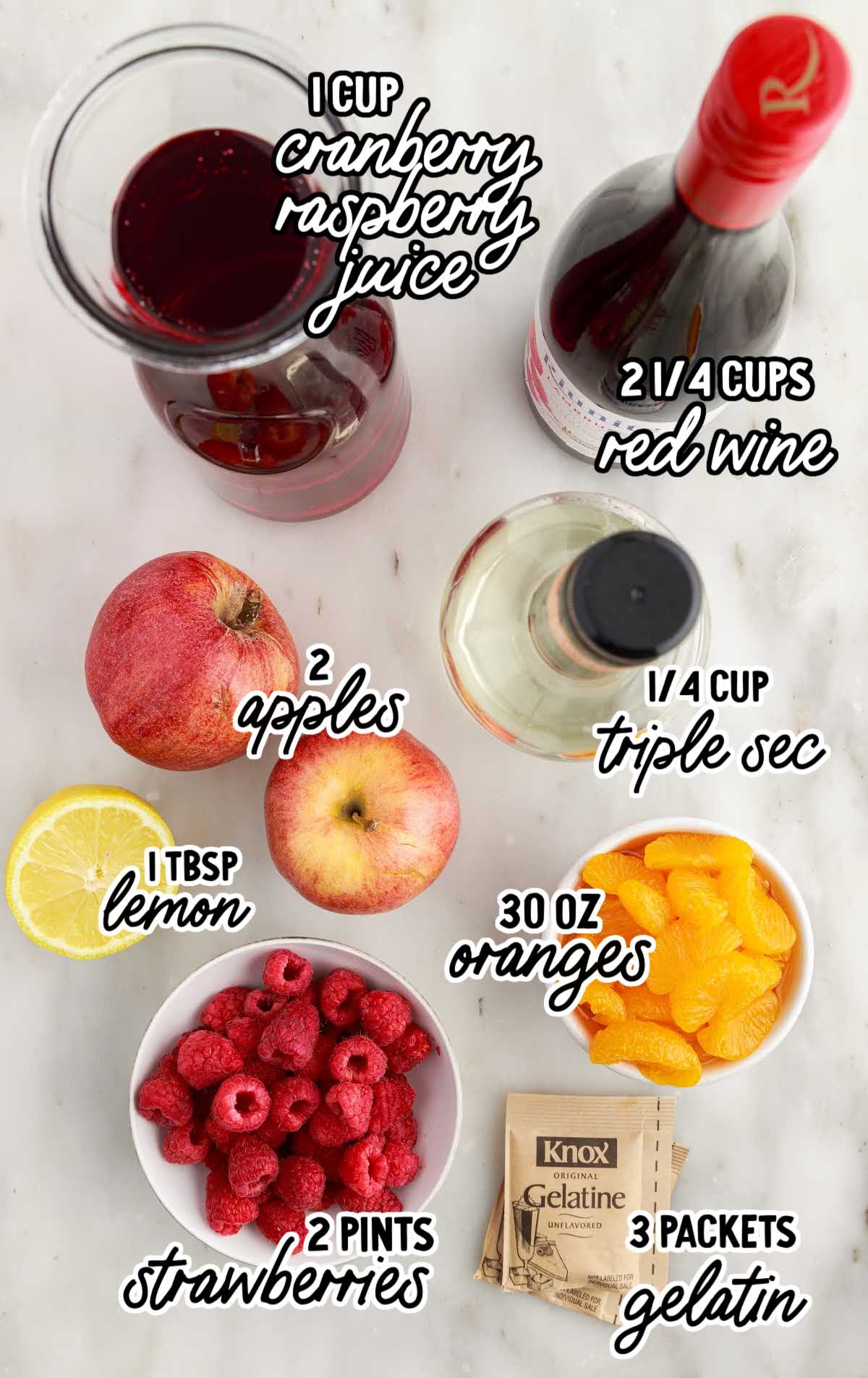 Sangria Jello Shots raw ingredients that are labeled