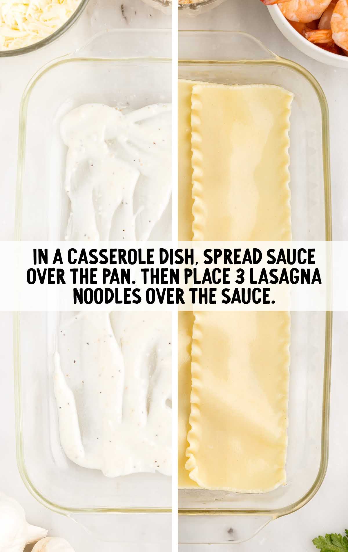 sauce spread over the pan and lasagna noodles spread over the sauce