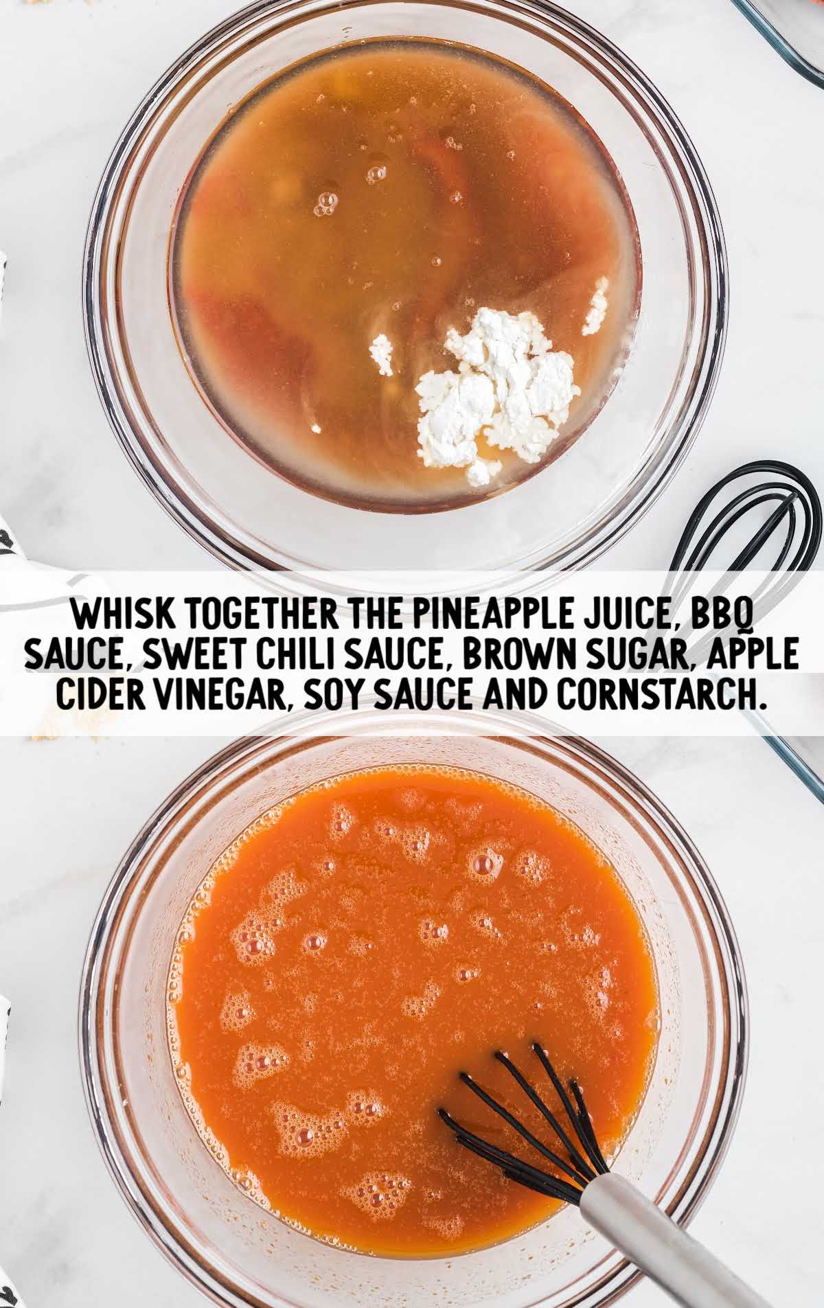 pineapple juice, BBQ sauce, sweet chili sauce, brown sugar, apple cider vinegar, soy sauce, and cornstarch whisked together in a bowl