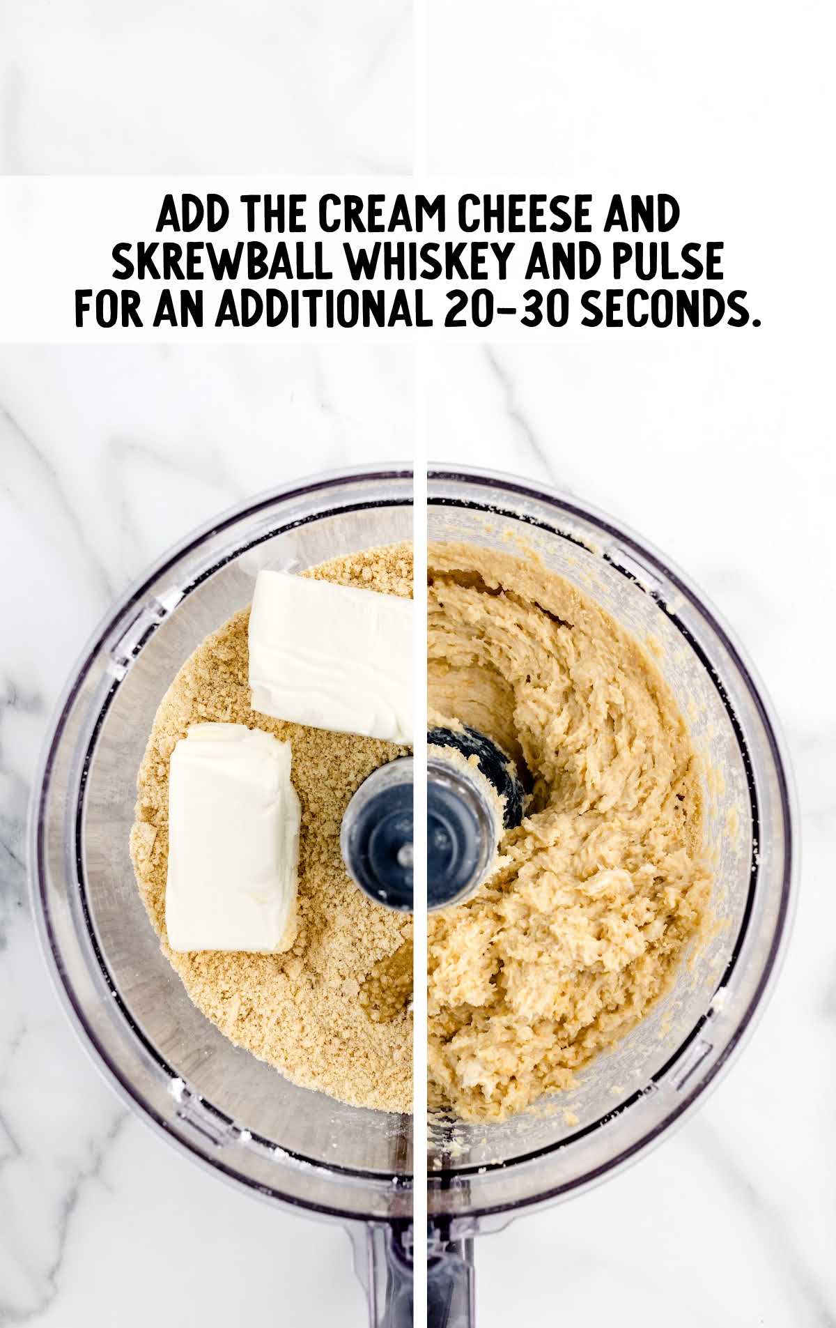 cream cheese and Skrewball peanut butter-flavored whiskey combined in a food processor