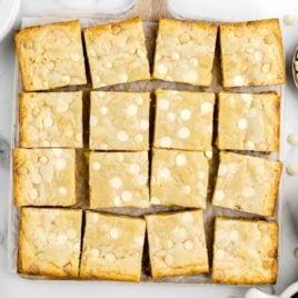 overhead shot ofWhite Chocolate Brownies cut into slices