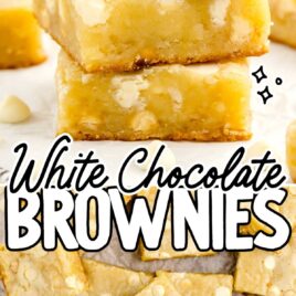 a close up shot of White Chocolate Brownies stacked on top of each other