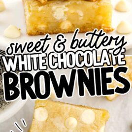 a close up shot of White Chocolate Brownies stacked on top of each other with one having a bite taken out of it