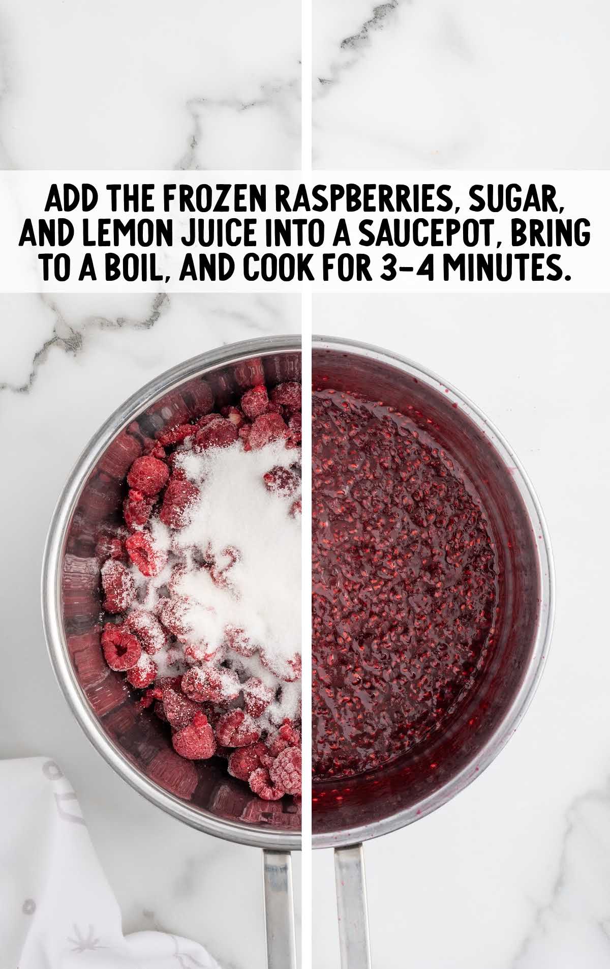 frozen raspberries, sugar, and lemon juice added into a sauce-pot.