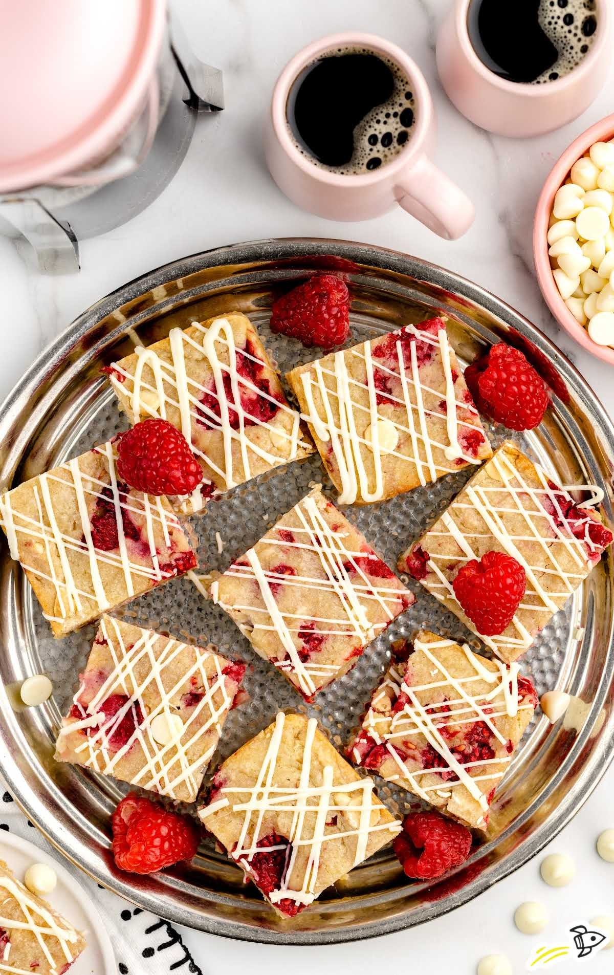 overhead shot of White Chocolate And Raspberry Blondies in a pan