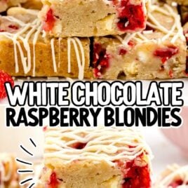 a close up shot of White Chocolate And Raspberry Blondies stacked on top of each other