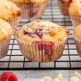 White Chocolate and Raspberry Muffins on a cooling rack