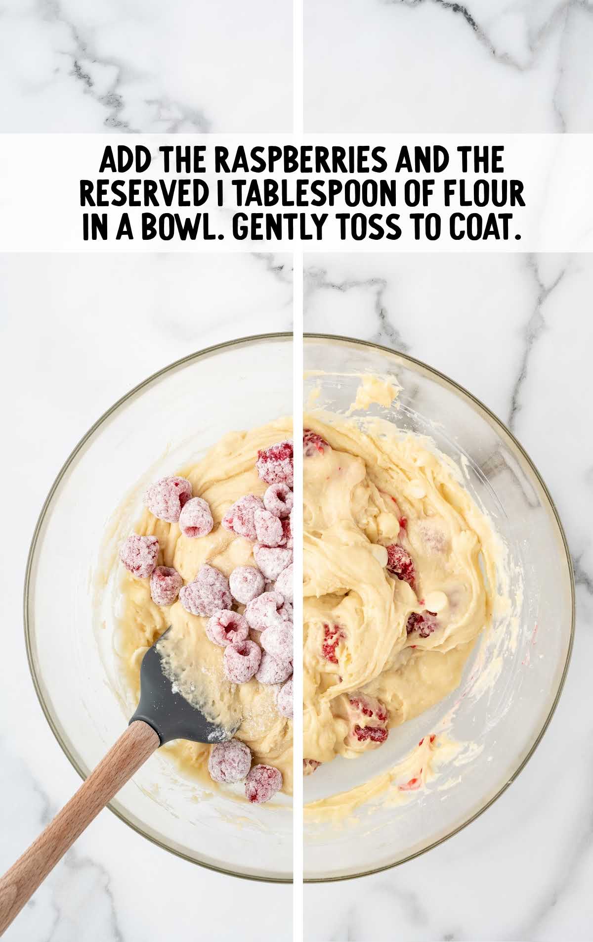 raspberries and flour added to the batter in a bowl