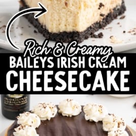 Rich and creamy Baileys Irish Cream cheesecake topped with chocolate ganache and whipped cream swirls, perfect for Pinterest.