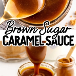 Brown sugar caramel sauce dripping from a spoon into a mason jar with cinnamon sticks in the background