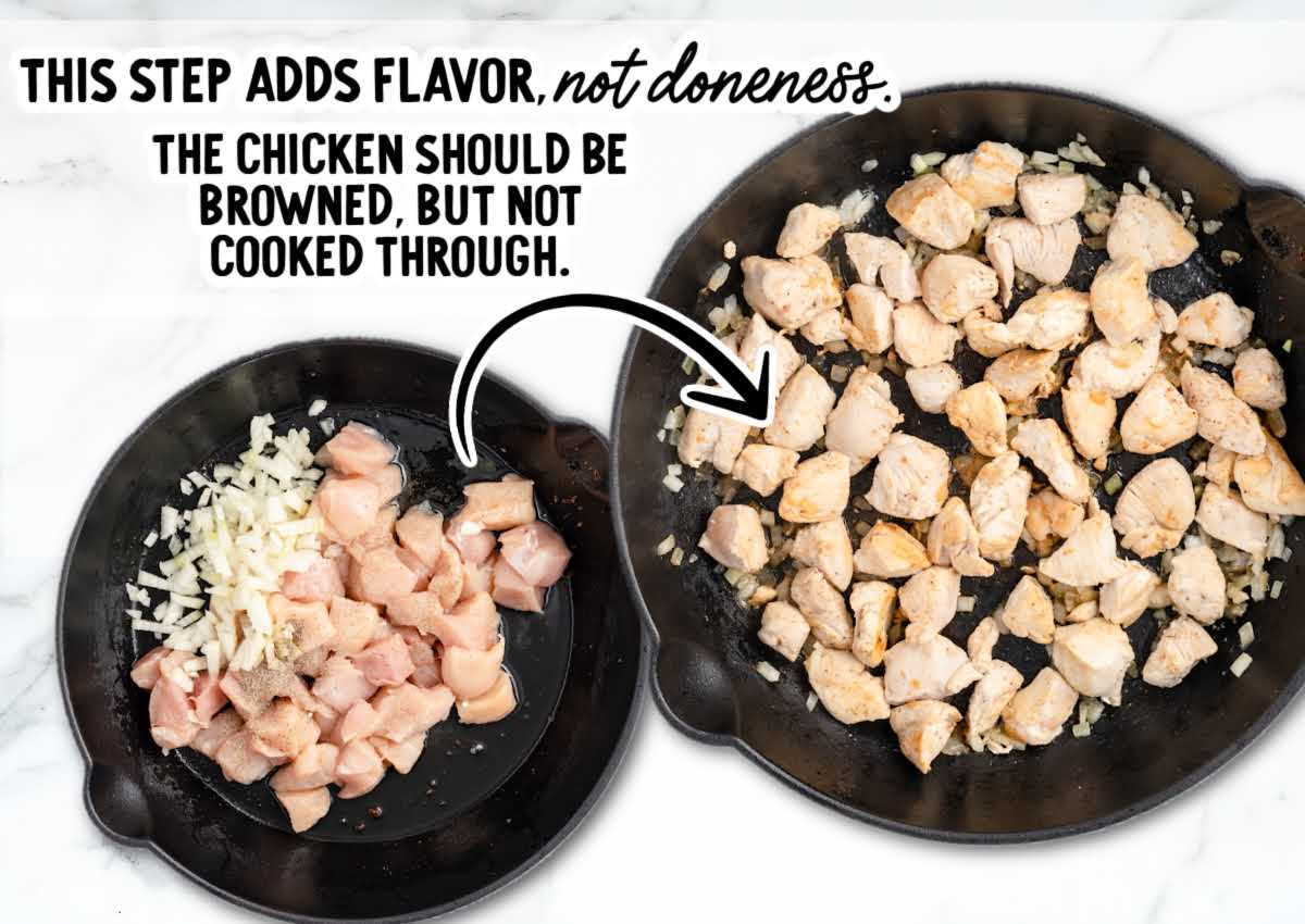 Diced chicken and onions browning in a skillet, showing lightly golden chicken pieces not yet cooked through.