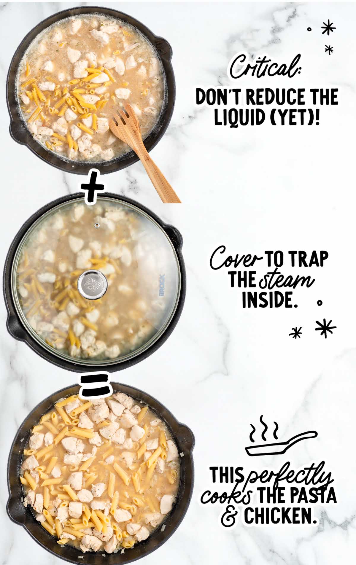 Penne pasta and chicken simmering in broth in a covered skillet, demonstrating how the pasta cooks in the liquid.