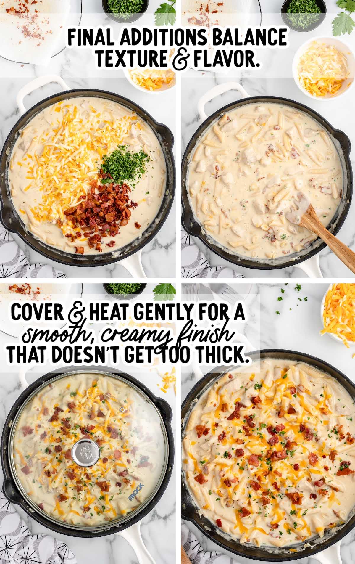 Crack chicken penne in a skillet with shredded cheddar, crispy bacon, and parsley being stirred into a creamy sauce before serving.