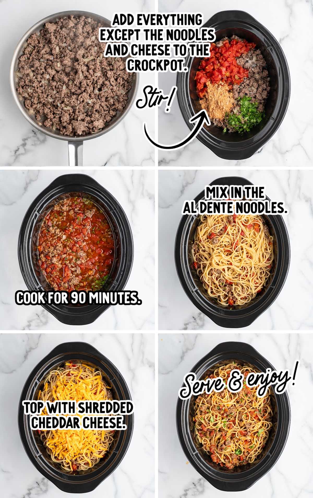 Step by step process showing crockpot taco spaghetti cooking and noodles being added