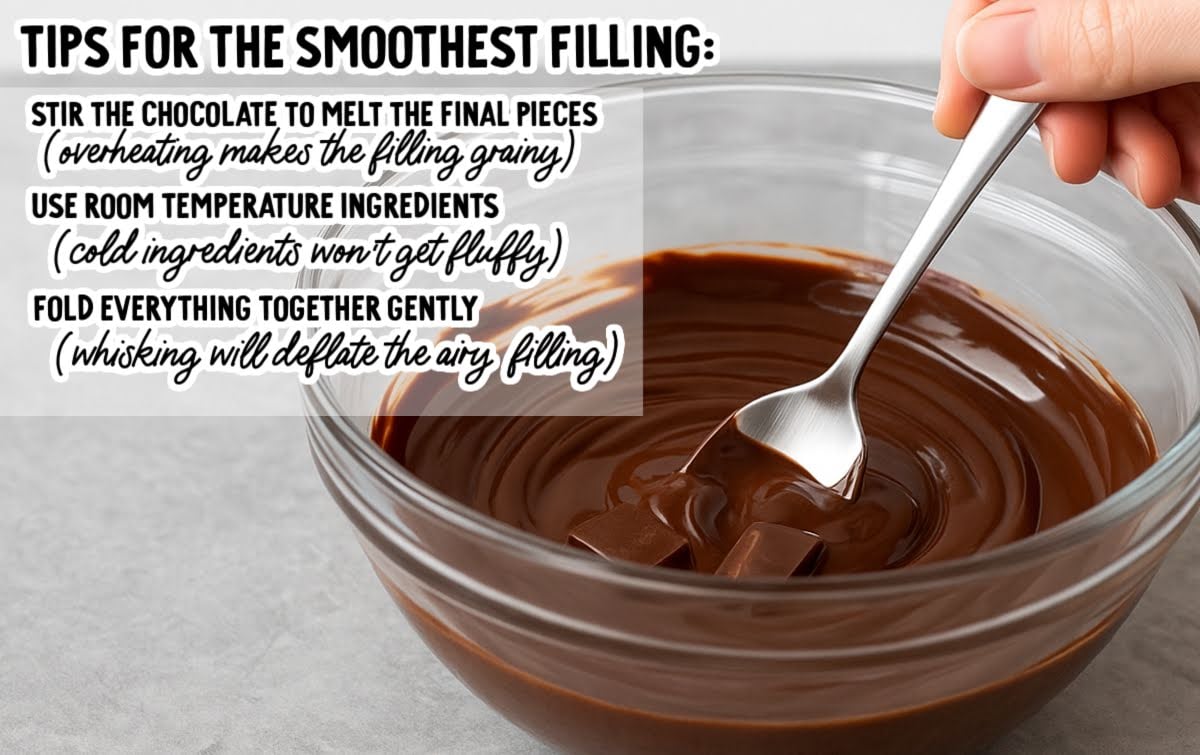 A bowl of melted chocolate being stirred with a spoon. Text overlay lists tips for making the smoothest filling: stir gently, use room-temperature ingredients, and fold the mixture to keep it airy.