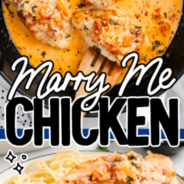 a skillet of chicken and a dinner plate with a serving of marry me chicken and pasta.