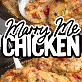 Close-up of creamy Marry Me Chicken breasts cooked in a skillet with a rich sauce, featuring tomatoes and herbs. Text overlay reads Vintage Recipe! Marry Me Chicken in bold, white letters.