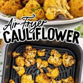fried cauliflower on a plate and cauliflower garnished with parsley in a air fryer
