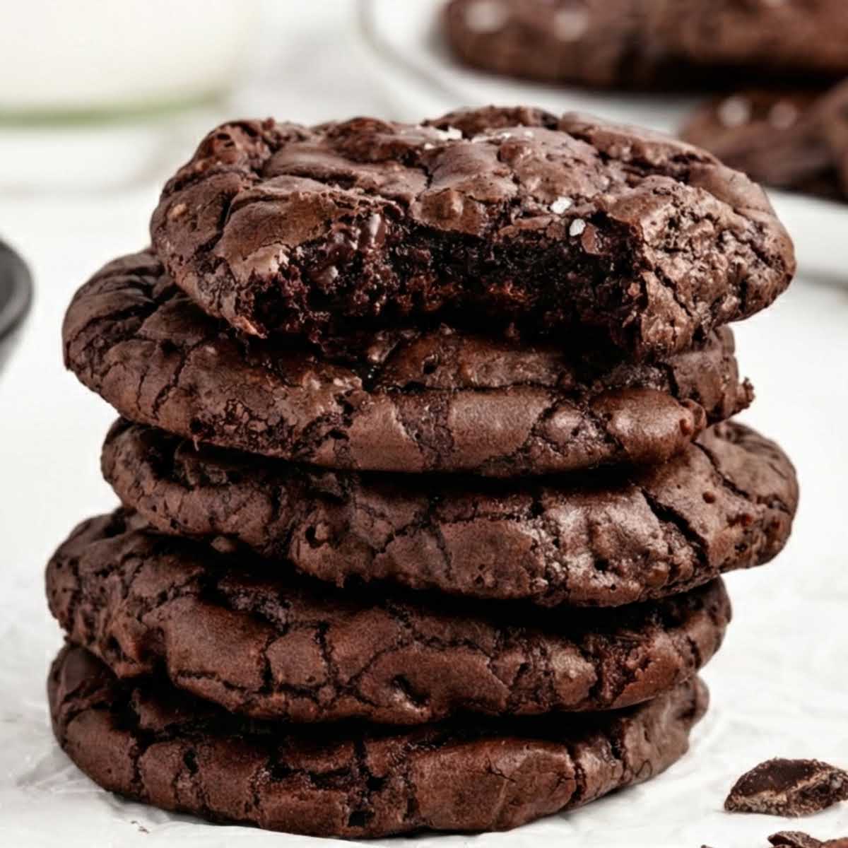 Stack of rich chocolate brownie cookies with a fudgy interior.