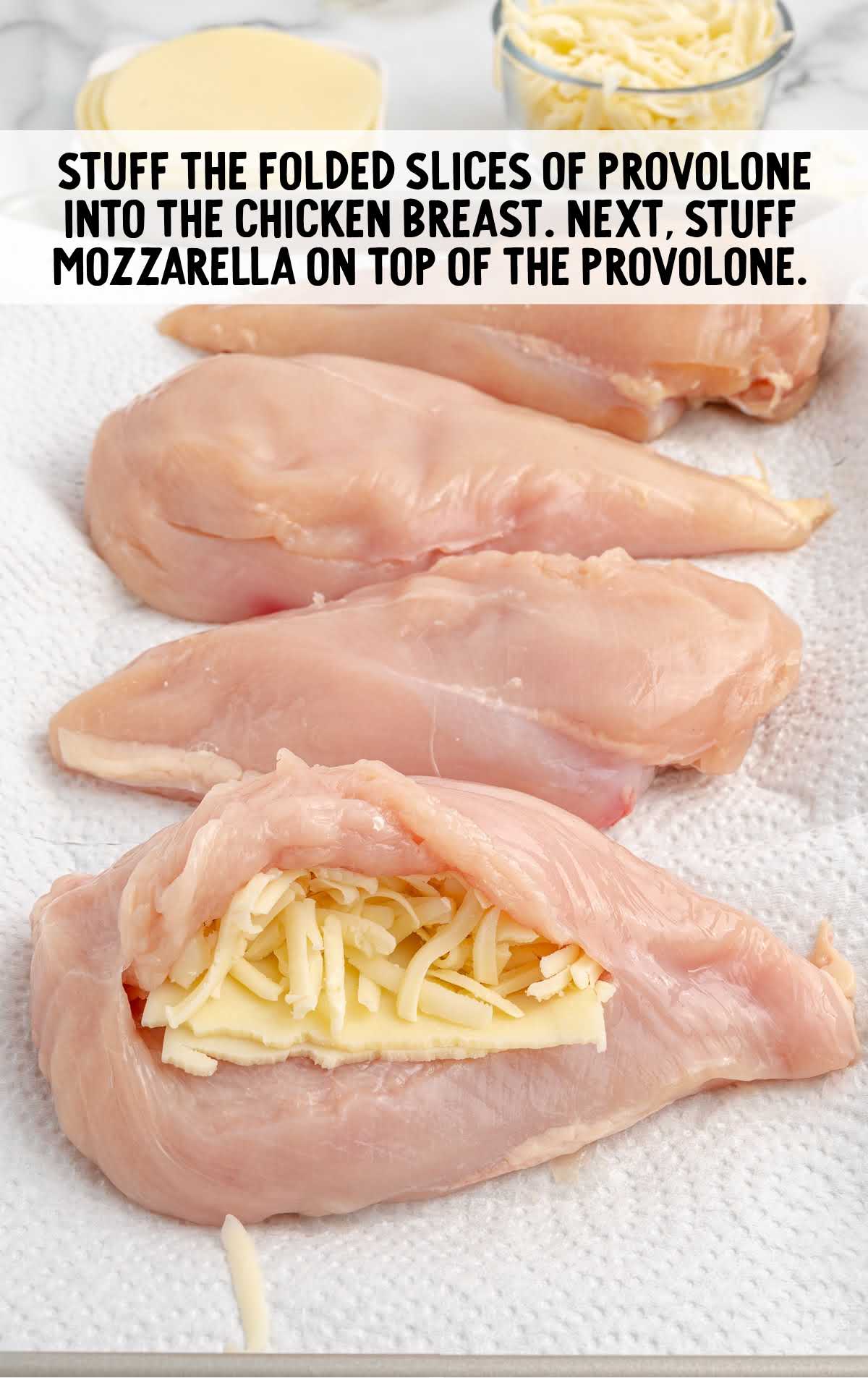 provolone and mozzarella cheese folded into the chicken breast