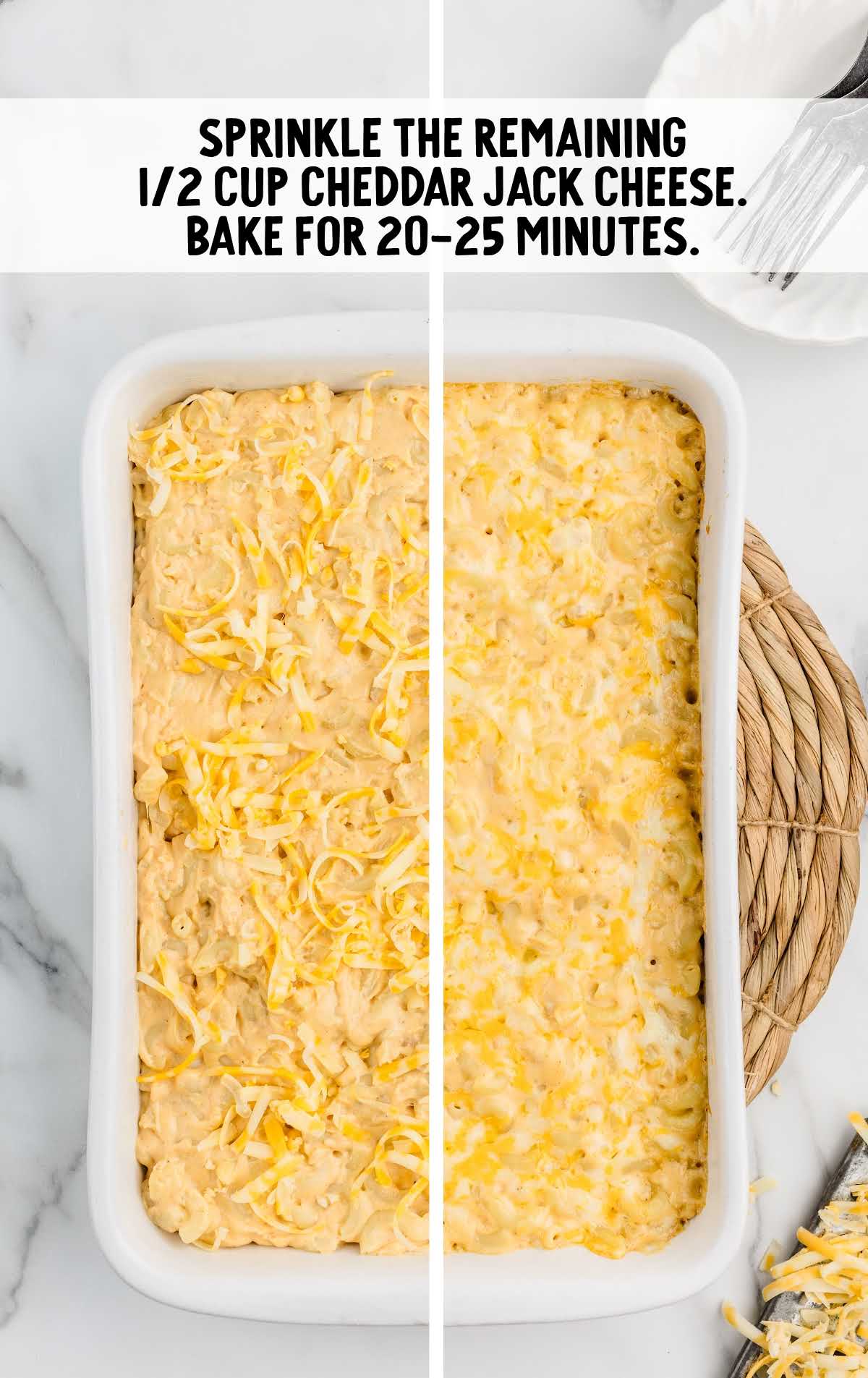 colby jack cheese sprinkled on top of the noodles then baked in the baking dish