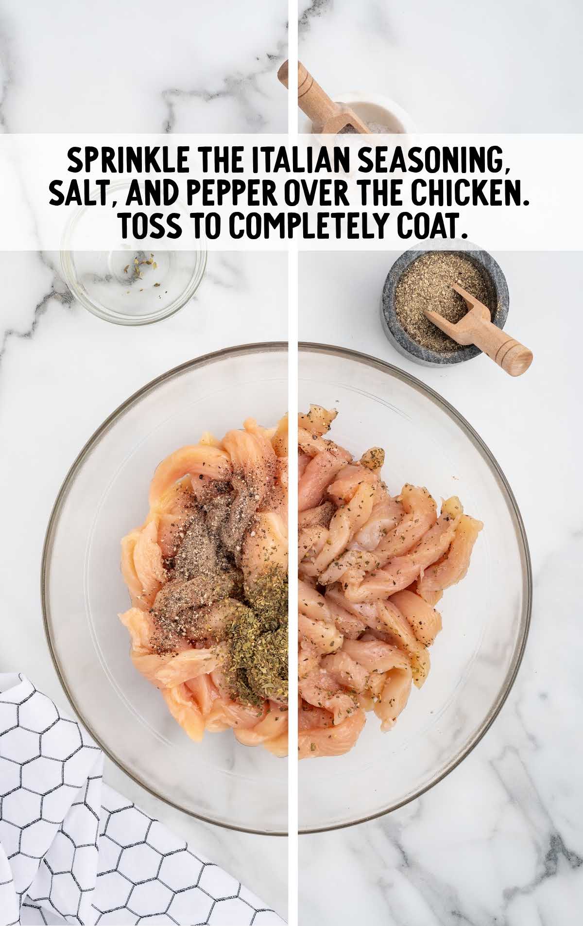 italian seasoning, salt, and pepper sprinkled over the chicken