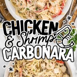 overhead shot of Chicken And Shrimp Carbonara on a plate