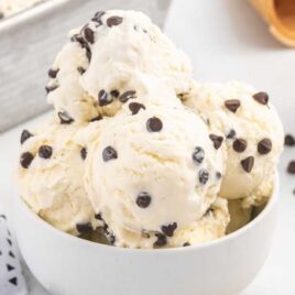 scoops of ice cream topped with chocolate chips in a bowl