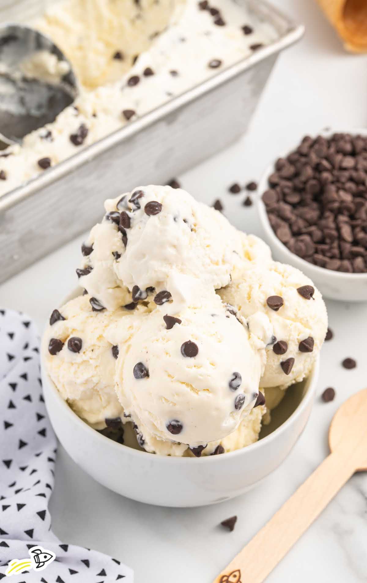 scoops of ice cream topped with chocolate chips in a bowl