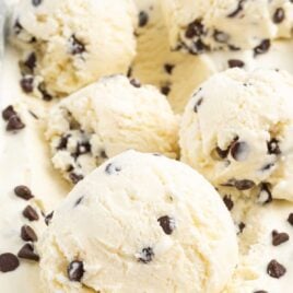 scoops of ice cream topped with chocolate chips in a pan