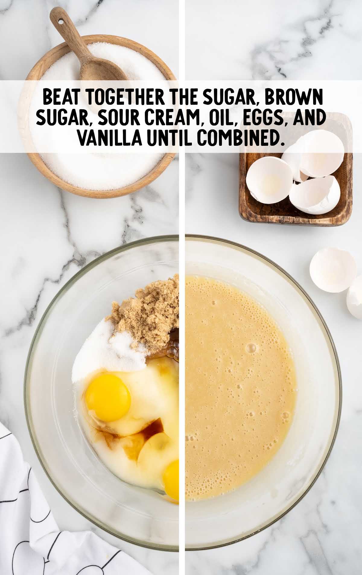 sugar, light brown sugar, sour cream, canola oil, eggs, and vanilla extract combined in a bowl