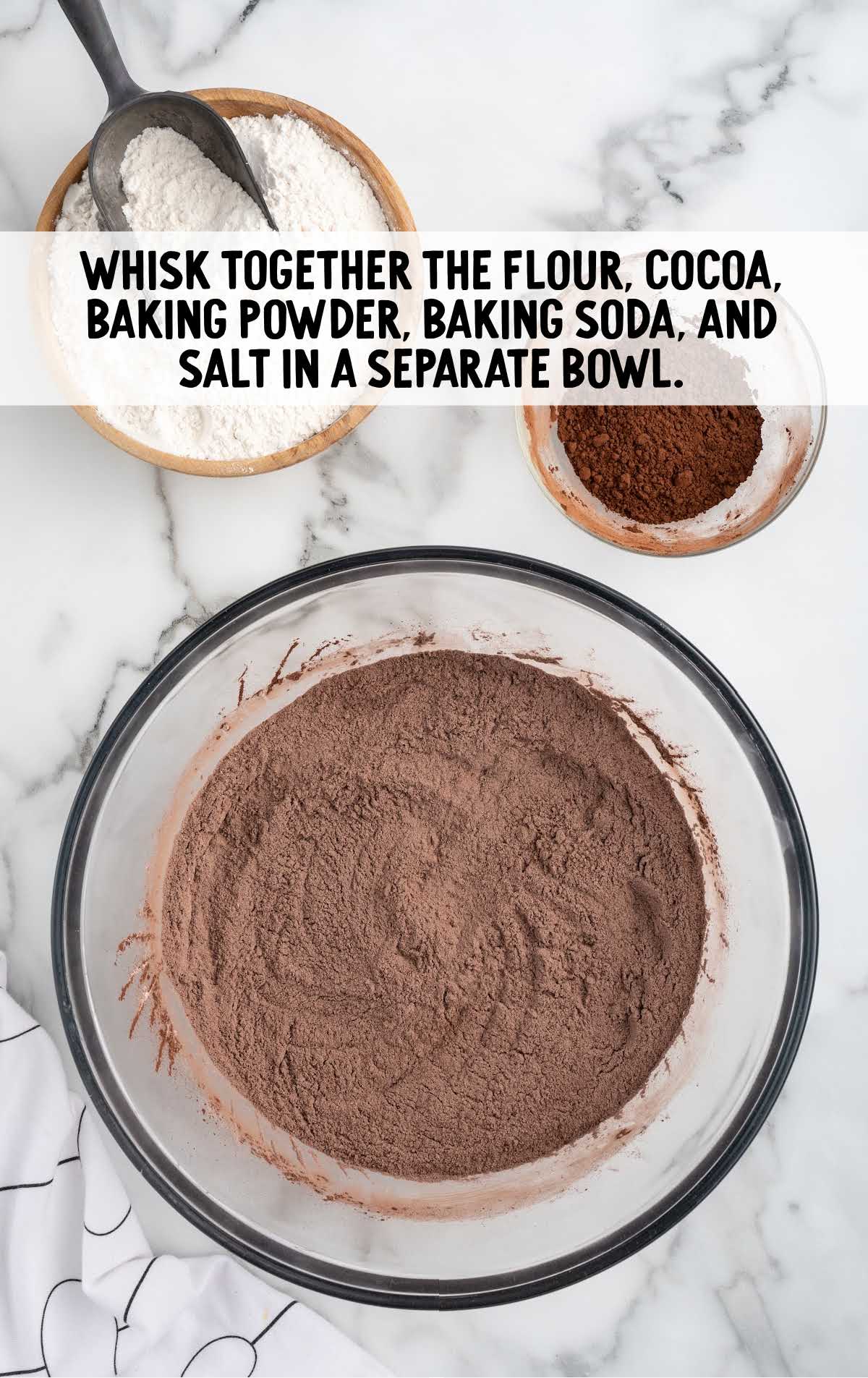 all-purpose flour, unsweetened cocoa powder, baking powder, baking soda, and salt combined in a bowl